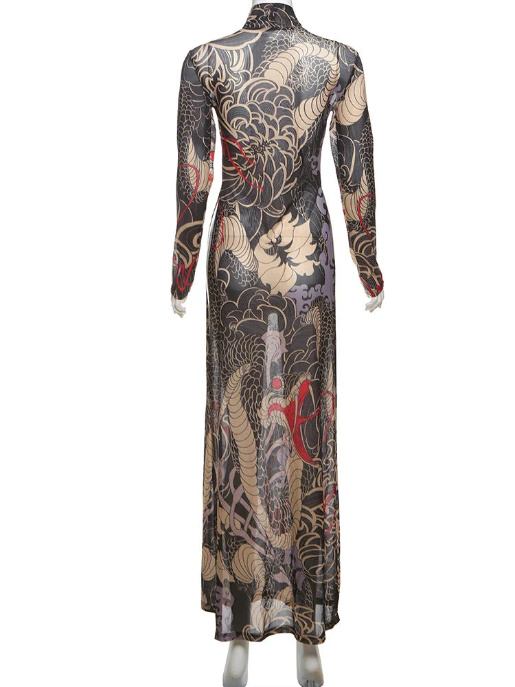 See Through Blouse Women Snake Print Half-High Neck Long Sleeves High Slits High Elasticity Street Skinny Trend Long Tops