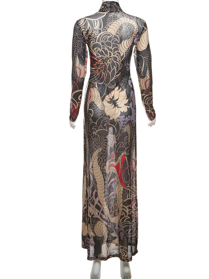 See Through Blouse Women Snake Print Half-High Neck Long Sleeves High Slits High Elasticity Street Skinny Trend Long Tops