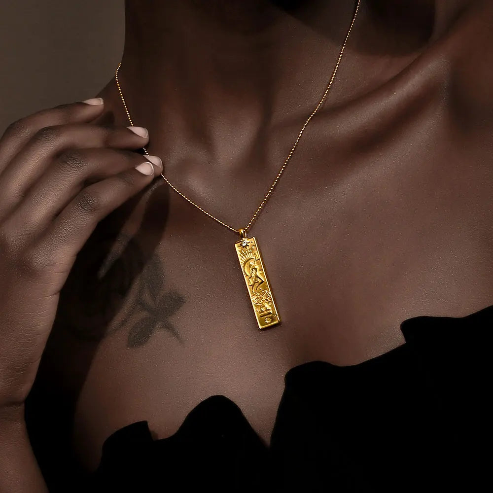 18k Gold Plated Rectangle Shape 12 Constellation Pendant Necklace Stainless Steel Waterproof Fashion Women's Jewelry