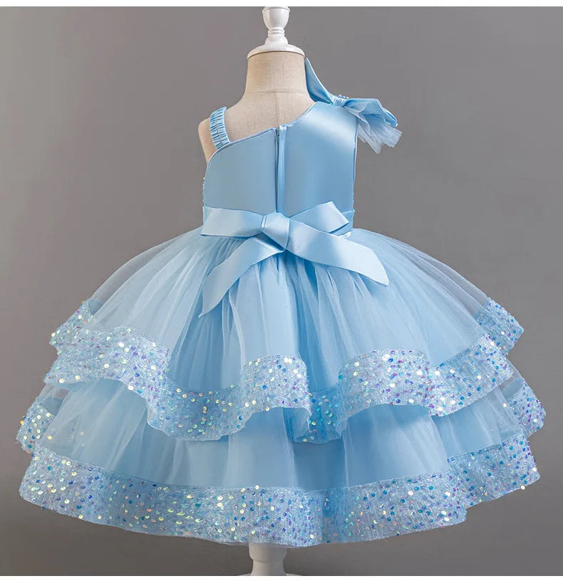 Girl's New Sequined Bow Irregular Collar Mesh Princess Dress Christmas Birthday Party Sweet and Cute Evening Dress