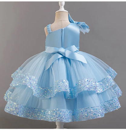 Girl's New Sequined Bow Irregular Collar Mesh Princess Dress Christmas Birthday Party Sweet and Cute Evening Dress