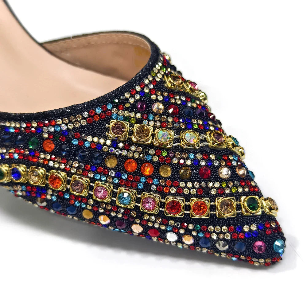 Elegante Conjunto de Salto e Bolsa de Strass Multicoloridos para Mulheres - Design Italiano para Casamentos e Festas