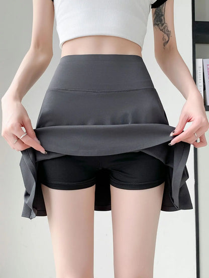 Women Summer Fake Two Pieces Sports Skirt Anti-Chafing Anti-Slip Tennis Badminton Yoga Skirt Pleated White Mini Skirt  Running