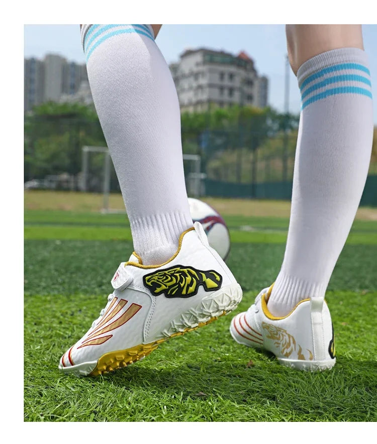 Fashion Gold Children's Football Shoes Outdoor Non-slip Turf Soccer Shoes Kids HOOK&LOOP Low-cut Sports Sneakers Child Trainers