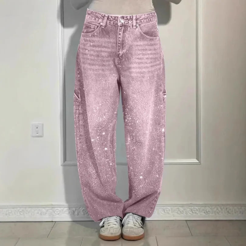 Calça Jeans Feminina Mom Pantalona Perna Larga Hot Drilling Cintura Alta Reta Y2k Streetwear Casual Punk Solta