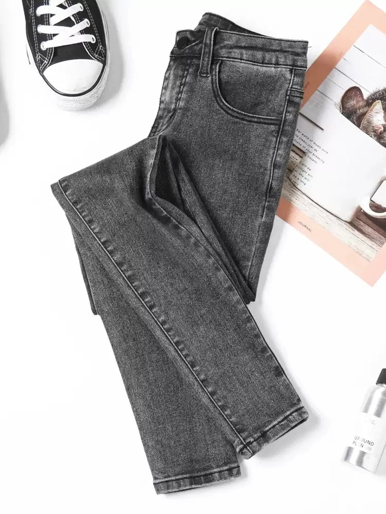 Calças Jeans Unissex Masculinas e Femininas Cinza Slim Denim Harajuku Drip Não inclui acessórios ou cintos