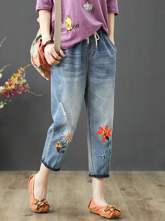 Elastic Elegant Jeans Womens Casual Floral Embroidery Denim Trousers