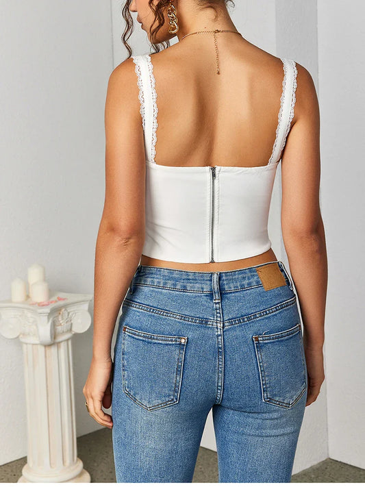 Women's Sleeveless Spaghetti Strap Lace Crop Corset Top Backless Double Layer Fashion Casual Party Cami Bustier Tops