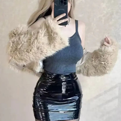Black High Waist Leather Mini Skirt for Women Sexy Tight PU Reflective Daily Outfit Simple Style Suitable for All Seasons