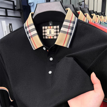 Fashion brand luxury short sleeve polo shirt men summer quality silky cotton breathable business casual striped collar T-shirt