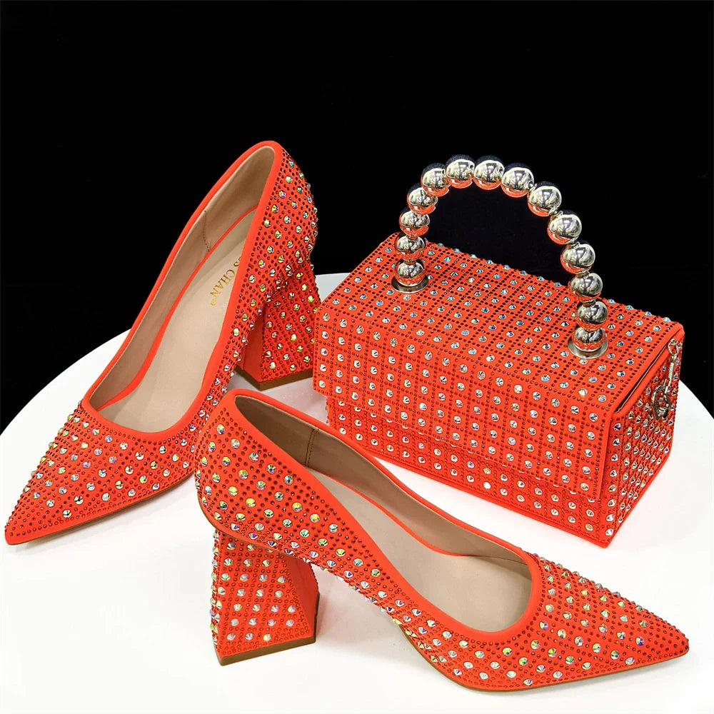 Nigerian Heel Party for Women Yellow Shoes and Bag Set Rhinestone Handbag Italian Design Wedding