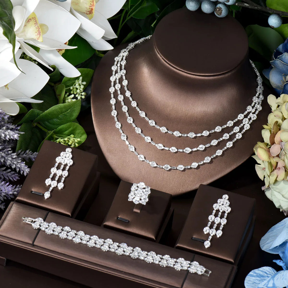 Elegant Five Layers Long Tassel Cubic Zirconia Ladies Costume Jewelry Sets Dangle Drop Earrings Pendant Necklace N-283