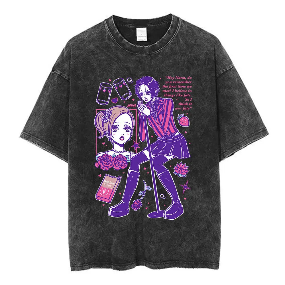 Nana Osaki Japanese Anime Vintage Washed T-shirt Men's Women Clothing Harajuku Short Sleeve T-shirts 100% Cotton Casual T Shirts