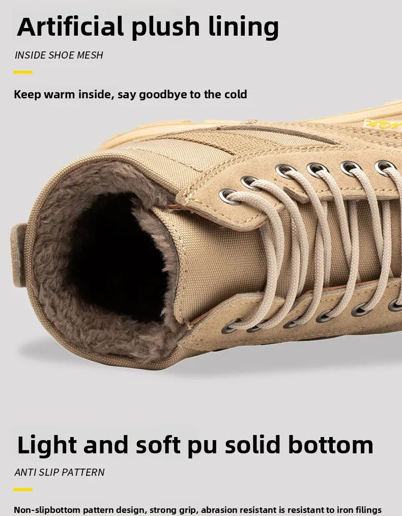 Men's Winter Wool Velvet Cotton Safety Work Shoes High Top Steel Toe Insulated Labor Protection Construction Shoes