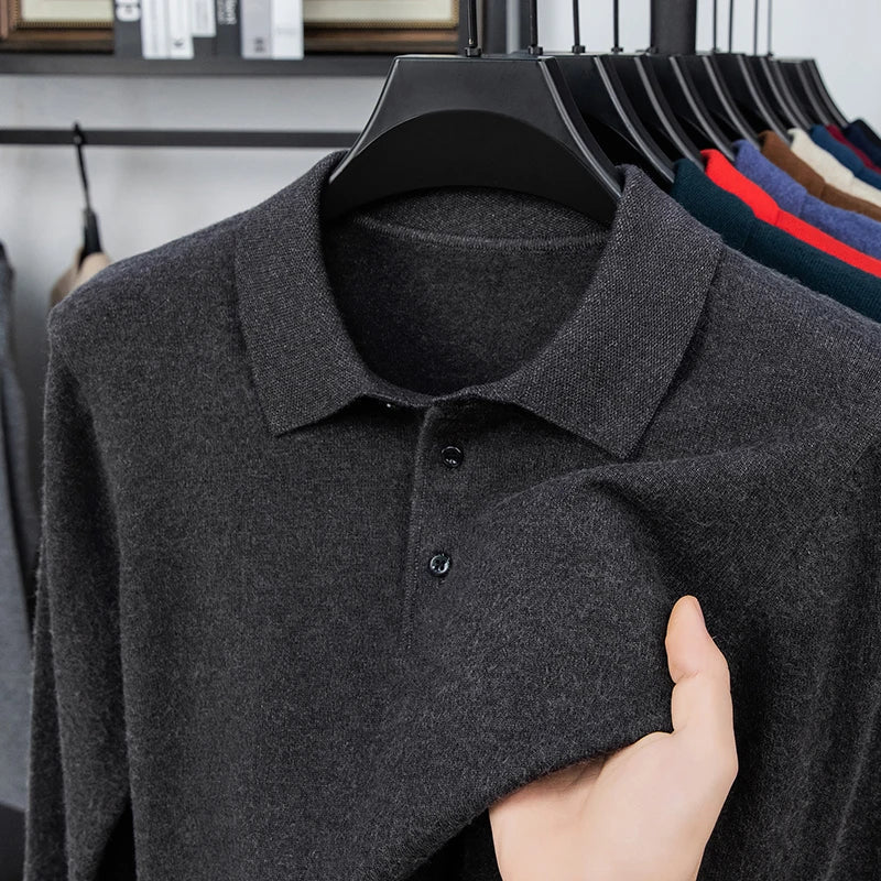 Original Quality Men's Polo Shirt Exquisite Simple Long Sleeve Knitted Lapel Sweater Autumn Winter Business Casual Menswear Top