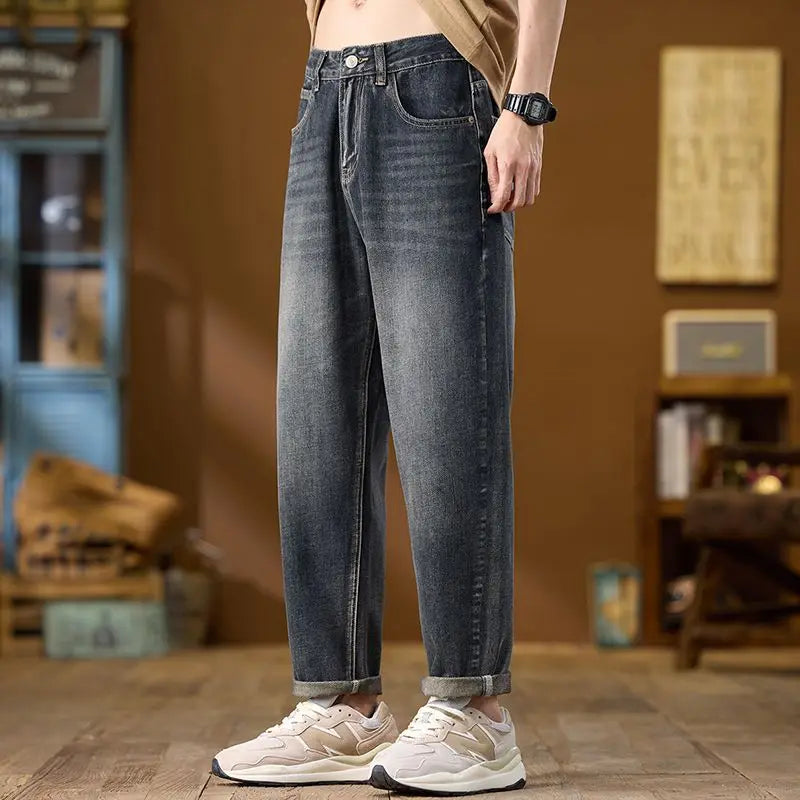 Jeans Denim Straight Pants Men Washed Distressed Mid Waist Pockets 2025 Streetwear Basics Ankle Length Trousers Vintage Denims