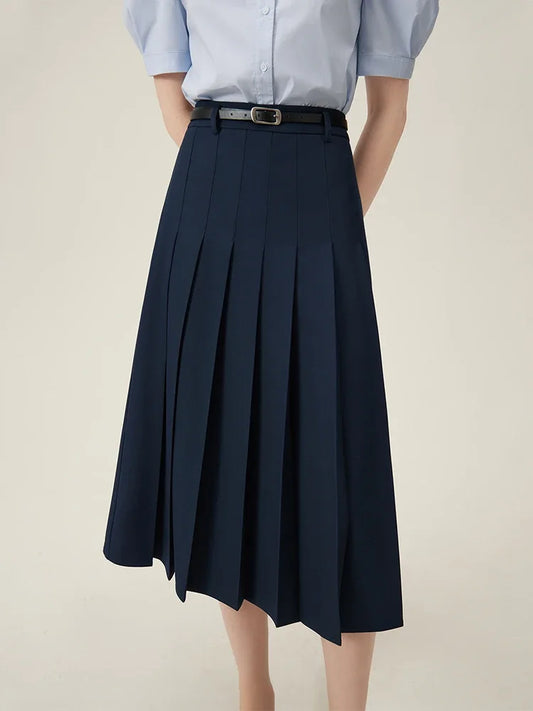 2025 New Arrival Women Zipper Waist Office Lady Elegant Grey Skirt Pleated Design Navy Blue Color Long Skirt Daily Outfits