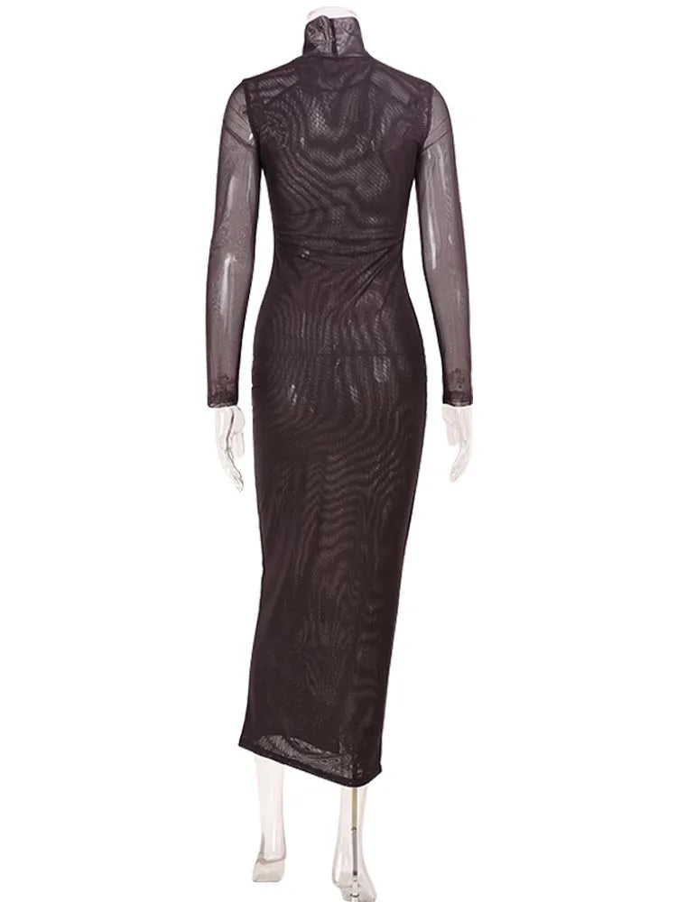 Fashion Women's Maxi Dresses Printed Turtleneck Regular Long Sleeves Sheath Slim Fit Eyes Causal Streetwear Vestidos