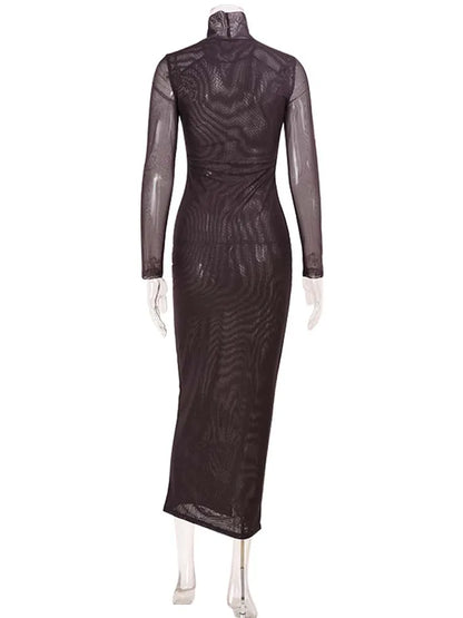 Fashion Women's Maxi Dresses Printed Turtleneck Regular Long Sleeves Sheath Slim Fit Eyes Causal Streetwear Vestidos