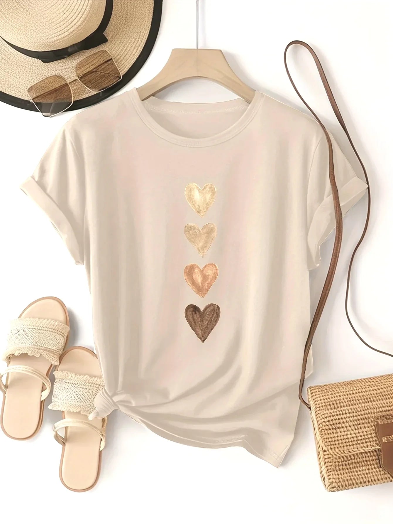 Women's Casual Short Sleeve T-Shirt with Four Heart Graphic Print - Black & Golden Medium Stretch Round Neck Novelty T-Shirt
