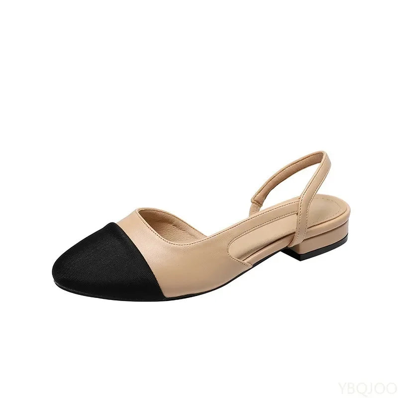 Summer Fashion Color Blocked Flat Bottom Coarse Heel Women's Sandals New Small Fragrant Style Shallow Mouth Low Tailored Shoes