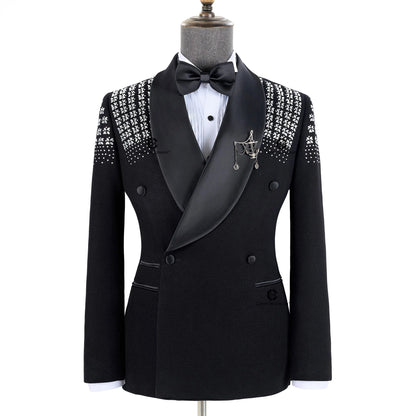 Elegant Men's Suits Double-Breasted Jewelry Ornament Handmade Tuxedo for Wedding Groom Party Jacket Pants
