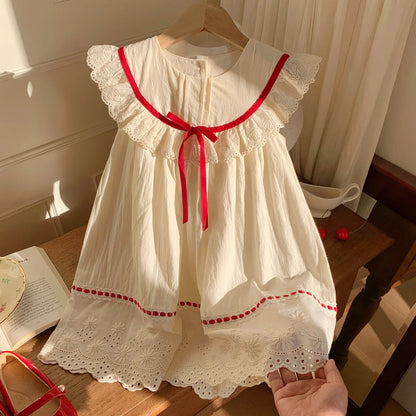 Kid Girl Exquisite Dress Ruffled Lace Collar Trimmed in Red Ribbon Red Dotted Lace Cut Out Embroidery on The Skirt for Children