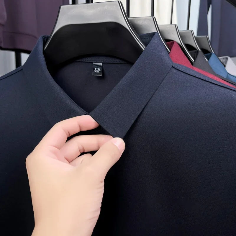 Luxury Quality Men's Polo Shirt No Trace Simple Solid Color Geometric Print Long Sleeve Autumn Lapel T-Shirt Business Menswear