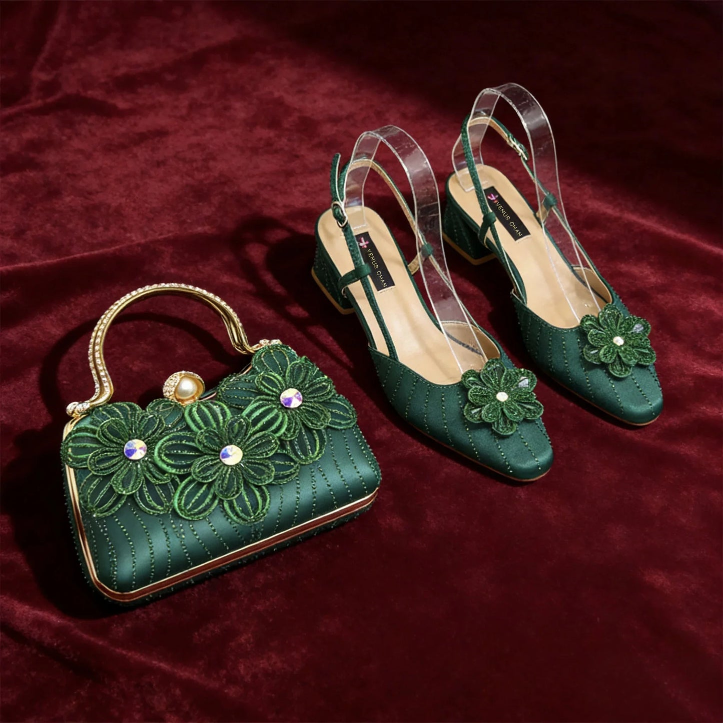 Party Shoes And Bag Ladies Heel Decoration Pure Elegant Flower Wedding Shoes And Bag Full rhinestone Fashion Handbag