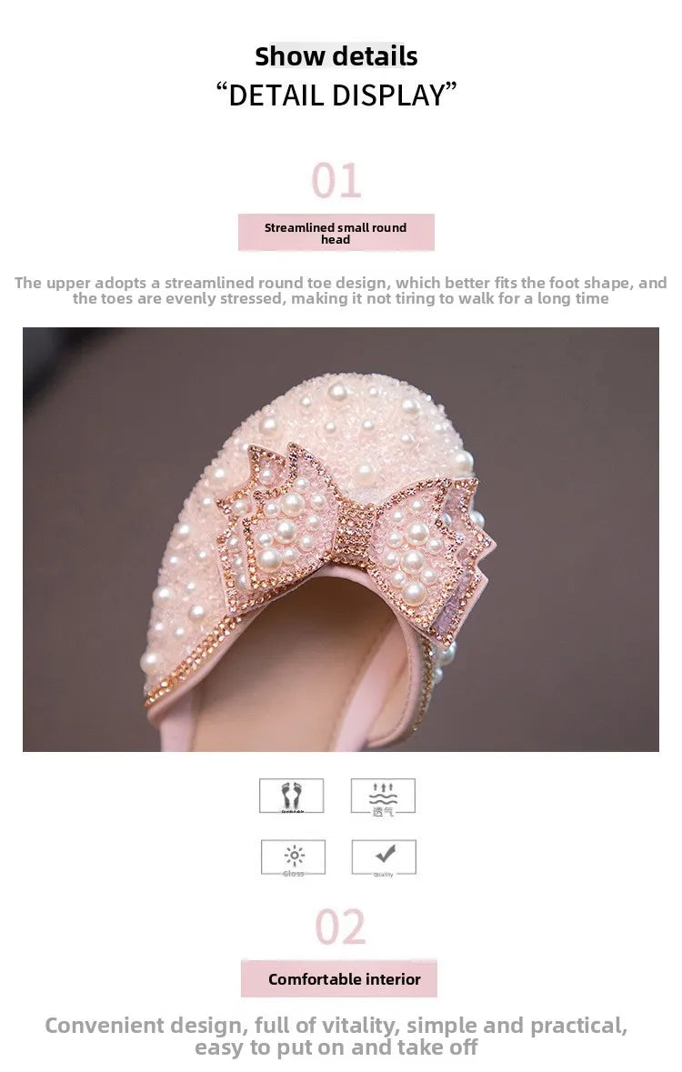 2026 Spring New Girl Sandals Cute Bow Pearl Sequins Kid Princess Shoes Flat Heels children Dancing 21-34