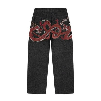 Y2K Harajuku jeans Goth vintage plum blossom embroidery pattern wide leg pants men women denim fabric American style street wear