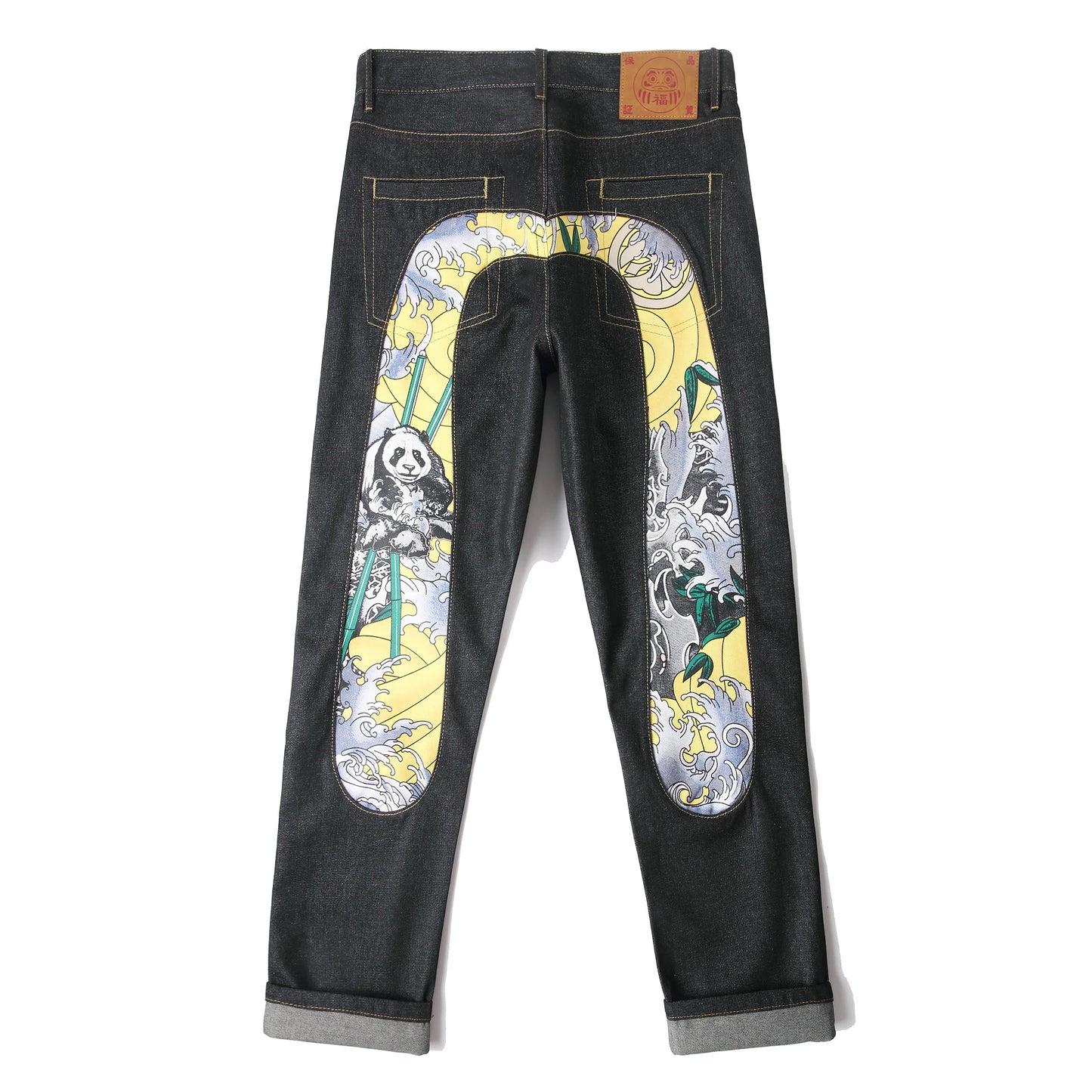 Men's Japanese Handmade Embroidered Cotton Jeans Straight Tube Slim Fit Hip-Hop Trousers Red Ear Detail Devil Big M Golden Text