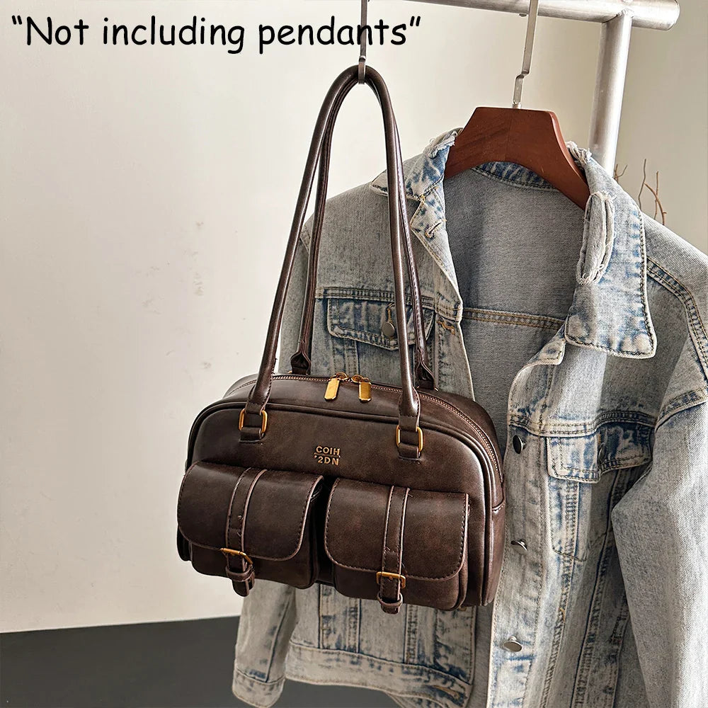 Women's Retro Solid Color Pu Leather Shoulder Bag with Multiple Pockets, Large Capacity, Exquisite and Fashionable Handbag