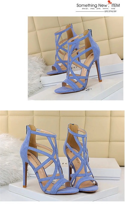 Women Roman Style Thin High Heels Pumps Pointed Toe Suede Hollow Strap Party Shoes Solid Ankle Zip Summer Sandals