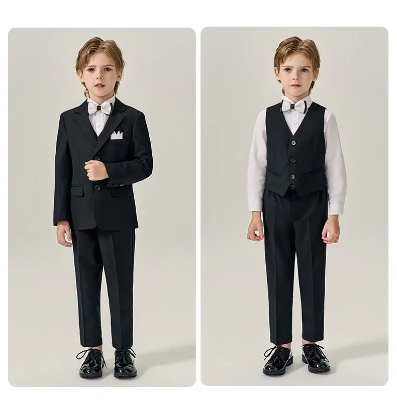 Boys Dark Green Jakcet Vest Pants Bowtie Evening Party Dress Children Wedding Photograph Suit Kids Ceremony Performance Costume