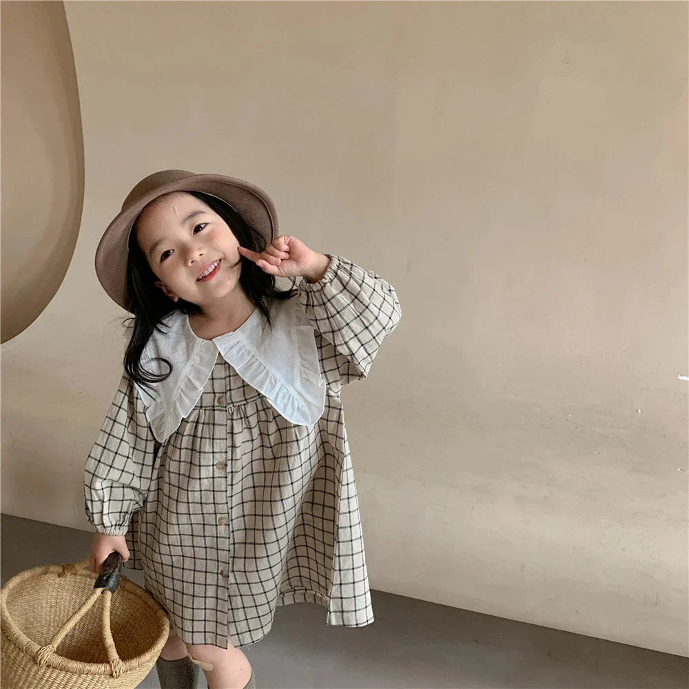 Baby Girls Dress Casual Plaid Clothes Summer New Korean Cotton Linen Girls Princess Dress Big Turn Down Collar Dress