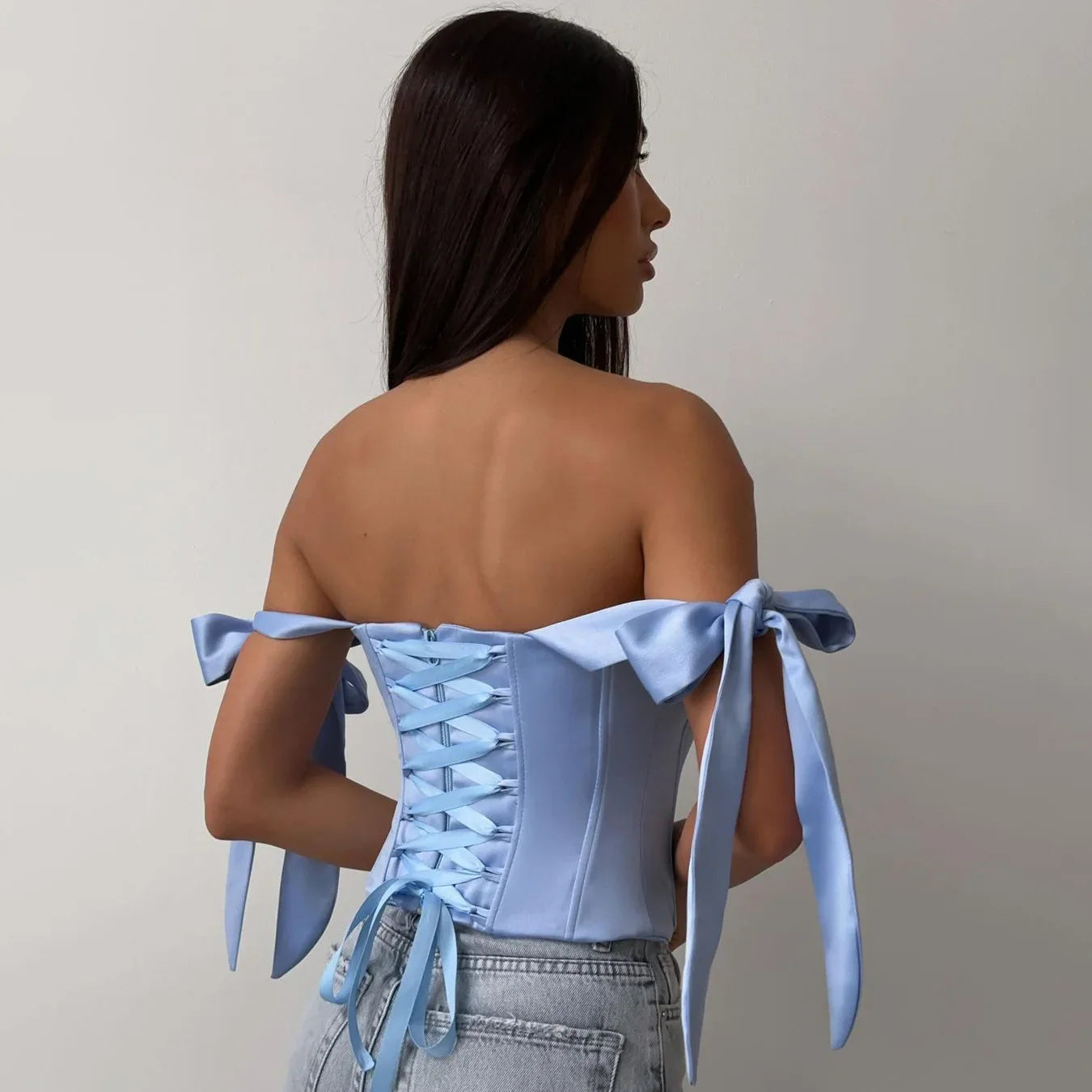 Bandage White Corset Top Women Elegant Black Satin Bustier Fishbone Zip Sexy Sleeveless Streetwear Fashion Summer Blue Clothes