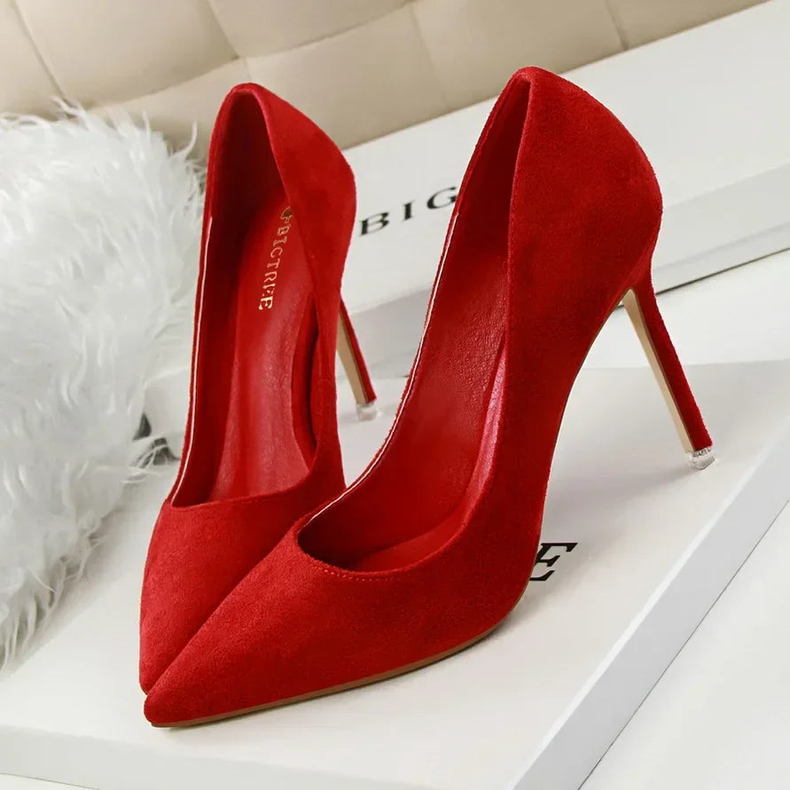 Women Elegant Flock Orange Purple Evening Banquet Party Pumps Lady Classic Scarpin New Burgundy 9cm High Heels Shoes Plus Size