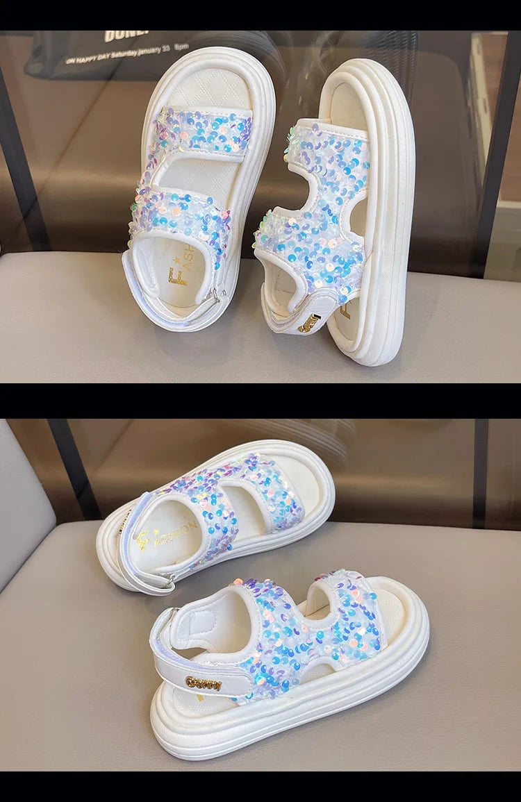 Summer Children's Sandals Sequins Thick Soled Girls Causal Princess Open-toe Sandals Fashion Non-slip Kids Beach Shoes Versatile