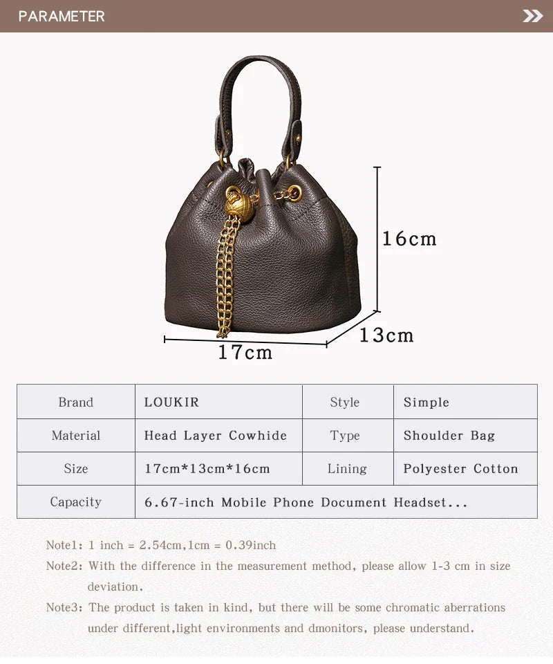 Metal Drawstring Versatile Women's Handbag Genuine Leather Chain Crossbody Bag Vintage Bucket Bag Mobile Phone Bag