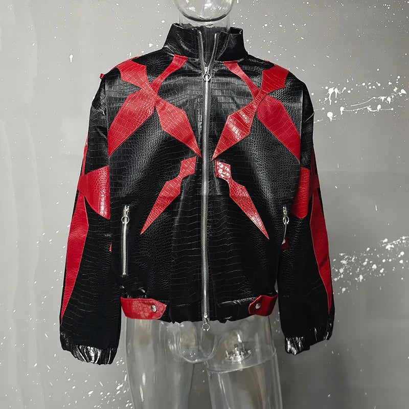 Men's PU Leather Jacket 2025 Trend New Zipper Stand Collar Contrast Color High Street Coats Fashion Menswear 21E2807