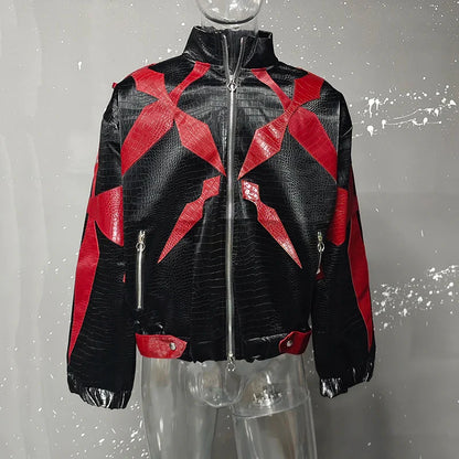 Men's PU Leather Jacket 2025 Trend New Zipper Stand Collar Contrast Color High Street Coats Fashion Menswear 21E2807