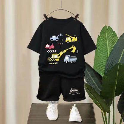Summer Baby Girl Boy Clothes Set Children Excavator Cartoon Printing T-shirt and Short 2 Pieces Suit Kid Shorts Sleeve Tracksuit