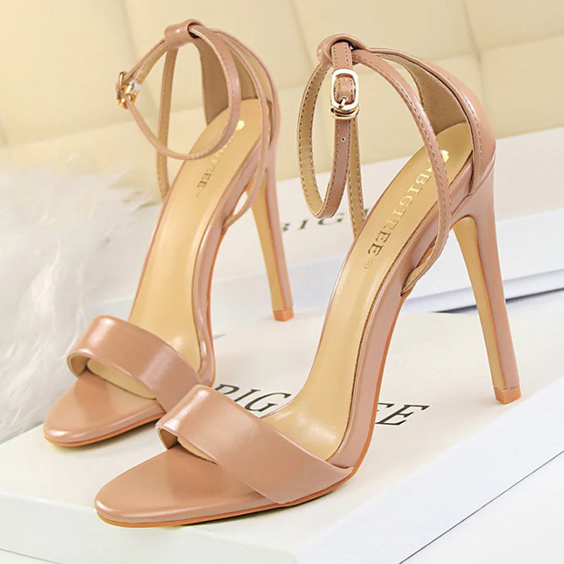 Women Black-White Concise Leather 11cm High Heels Sandals Lady Adjustable Ankle Buckle Shoes Female Fashion Party Dress Shoes