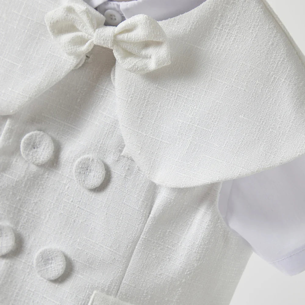 Boys White Linen Suit Set Summer Short Sleeve shawl  Vest & suspenders Shorts Gentleman Outfit for Wedding Party Occasions