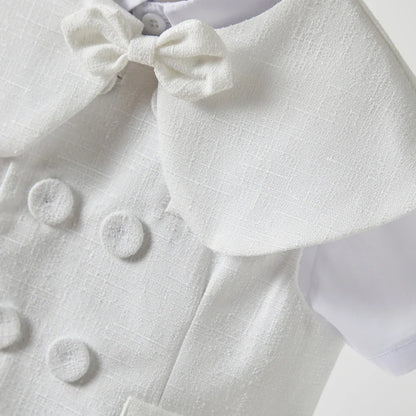 Boys White Linen Suit Set Summer Short Sleeve shawl  Vest & suspenders Shorts Gentleman Outfit for Wedding Party Occasions