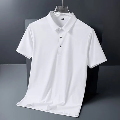 High quality wrinkle resistant ice silk short sleeve t-shirt men's summer Lapel loose casual solid color top high-end polo men