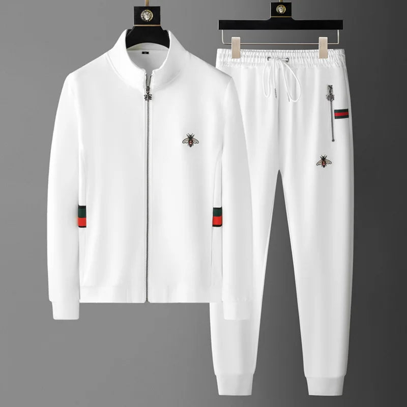 Spring Autumn Men's Sets Luxury Bee Printed Zipper Sweatshirt Solid Color Leisure Sports Elastic Wasit Pants Man Suits