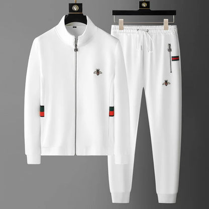 Spring Autumn Men's Sets Luxury Bee Printed Zipper Sweatshirt Solid Color Leisure Sports Elastic Wasit Pants Man Suits