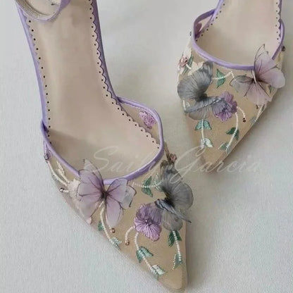 Butterfly High Heel Pumps Women Purple Mesh Pointed Toe Stiletto Heel Garden Party Shoes Ladies Wedding Shoes
